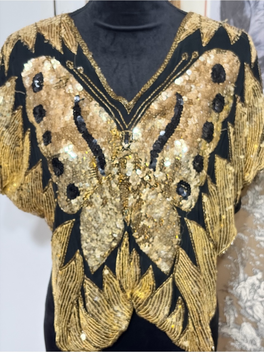 Black & Gold Sequin Butterfly Embellished Women's Top